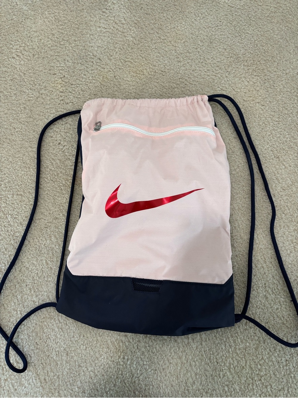 Nike Pink and Black Drawstring Backpack with Red Swoosh